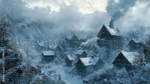 Wallpaper Mural Winter Village Scene: Snowy Landscape with Houses and Falling Snow Torontodigital.ca