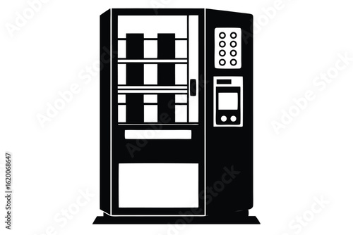 Black and White Vending Machine Illustration Featuring Shelves and Button Selection Panel