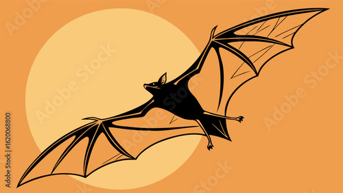 A stylized black bat with outstretched wings soars across a pale orange sky silhouetted against a large soft yellow moon