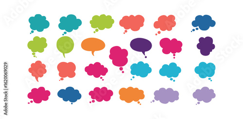 thought bubble collection, Colorful vector set of round cloud-shaped icons for chat message templates conversation design elements in playful flat cartoon style for creative projects

