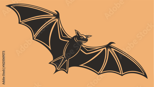 A stylized black bat with outstretched wings is silhouetted against a warm peachy orange background creating a graphic and modern representation of the nocturnal creature