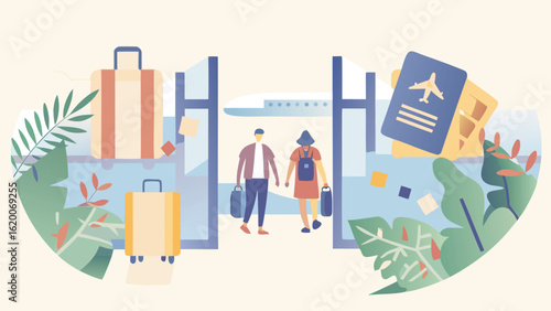 People traveling with luggage and passport at the airport gate with a plane in the background view
