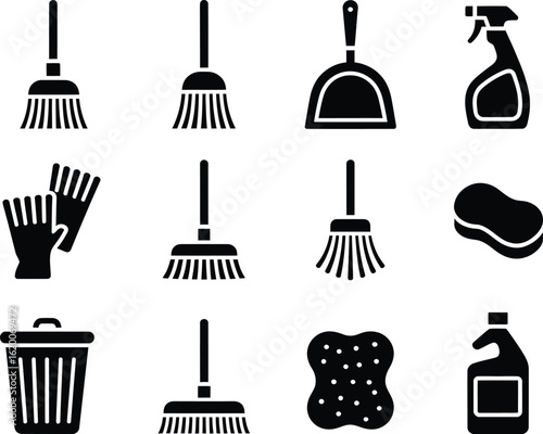 Collection of cleaning tools and supplies icons for household chores