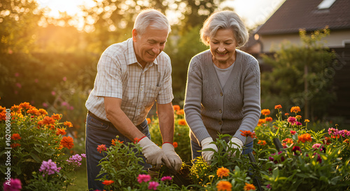 Fototapeta Naklejka Na Ścianę i Meble -  Senior couple gardening together flowers garden happy elderly lifestyle retirement activity outdoor care 100