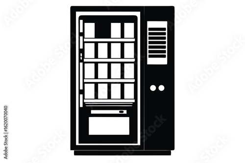 Black and White Graphic of a Vending Machine with Shelves and Button Details