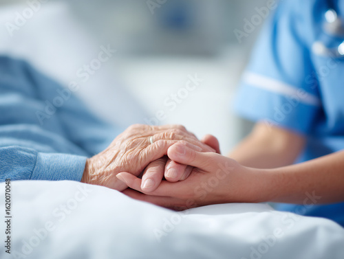 close-up of nurse holding elderly patient's hand, emotional support in hospital bed, compassion in healthcare scene