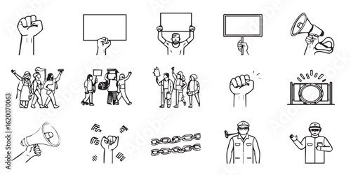 Protest and activism line icon set. Vector pictograms of clenched fists, placard, marches, crowd,  broken chain, peaceful demonstration thin linear illustration.