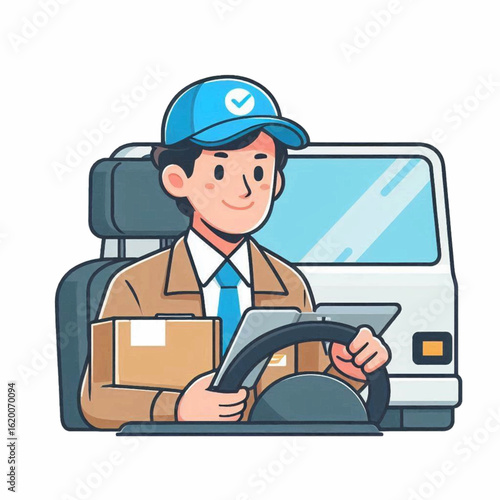 Cartoon delivery driver in a truck holding a package wearing a cap with a checkmark