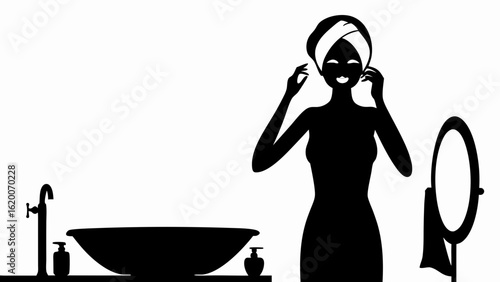 Silhouette of a woman with towel on head in bathroom with sink mirror and soap dispensers shown