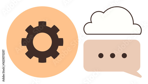 Gear inside a circle, speech bubble with cloud representing teamwork, cloud storage, innovation, and digital solutions. Ideal for collaboration, data sharing, technology, automation cloud computing