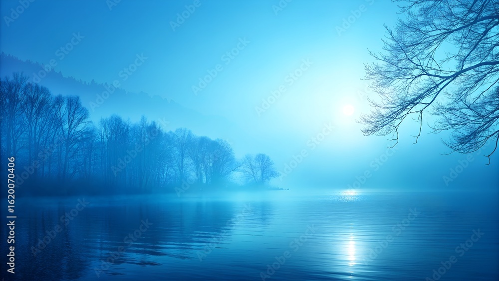 Fototapeta premium Misty lake at dawn with silhouetted trees in blue hue