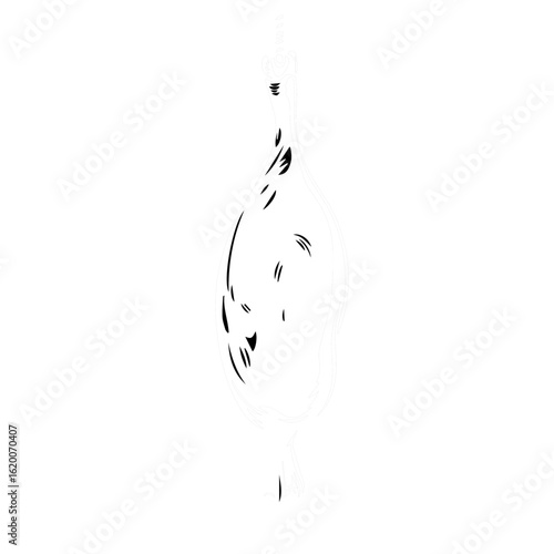 Suspended Duck Ready For Culinary Preparation And Cooking; Detailed Black And White Outline Illustration