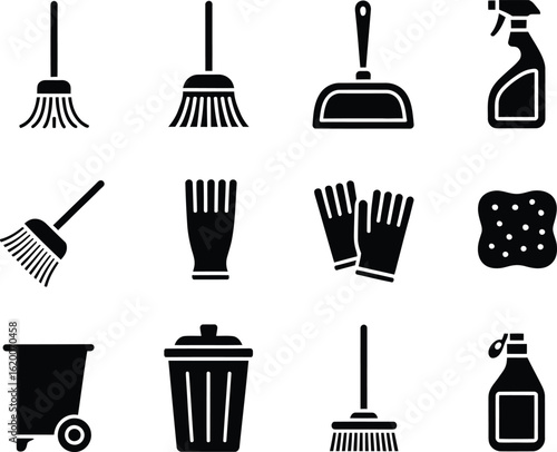 Collection of cleaning tools and supplies icons on a white background
