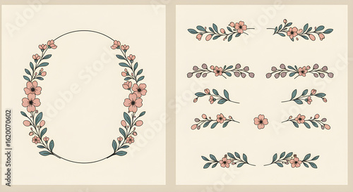 Delicate botanical illustration set featuring an elegant floral wreath and various decorative dividers with pink flowers and green leaves, perfect for invitations and design projects.