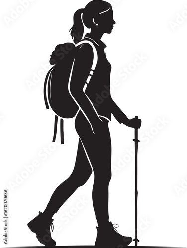 Silhouette of hiker girl with backpack and hiking stick