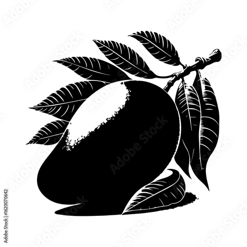 Stylized Black and White Mango Fruit on Branch with Leaves.