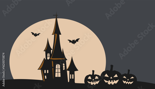 Happy Halloween background with gloomy house, pumpkins, moon and bats. Vector illustration for Halloween on All Saints' Eve
