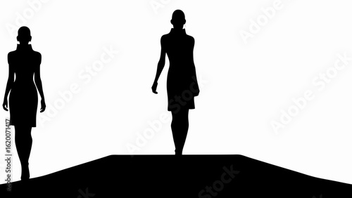 Silhouette of two women in dresses walking on a runway in a fashion show with a white background