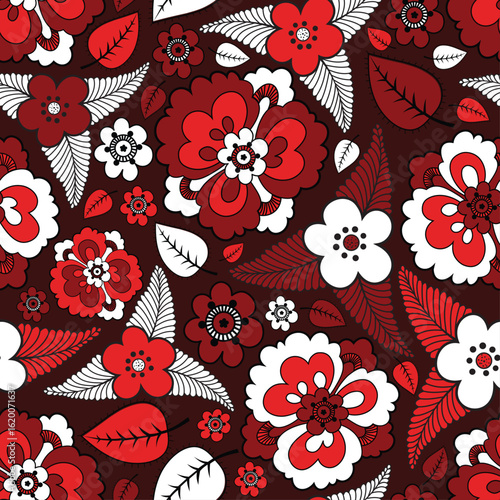Wallpaper Mural Seamless floral pattern with bright decorative flowers and leaves on a dark background. Colorful retro-style design perfect for textiles and wallpapers. Torontodigital.ca