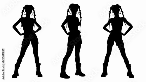 Three silhouettes of a woman with braided hair wearing shorts and boots with hands on her hips posing