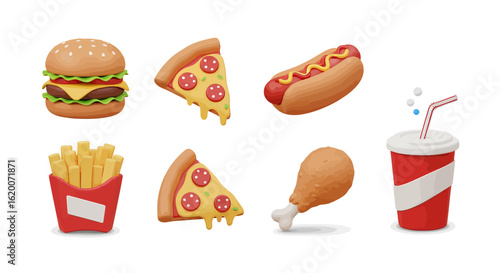 Set of colorful 3D fast food illustrations. Icons of burger, pizza, fries, hot dog, chicken and drink on a white background.