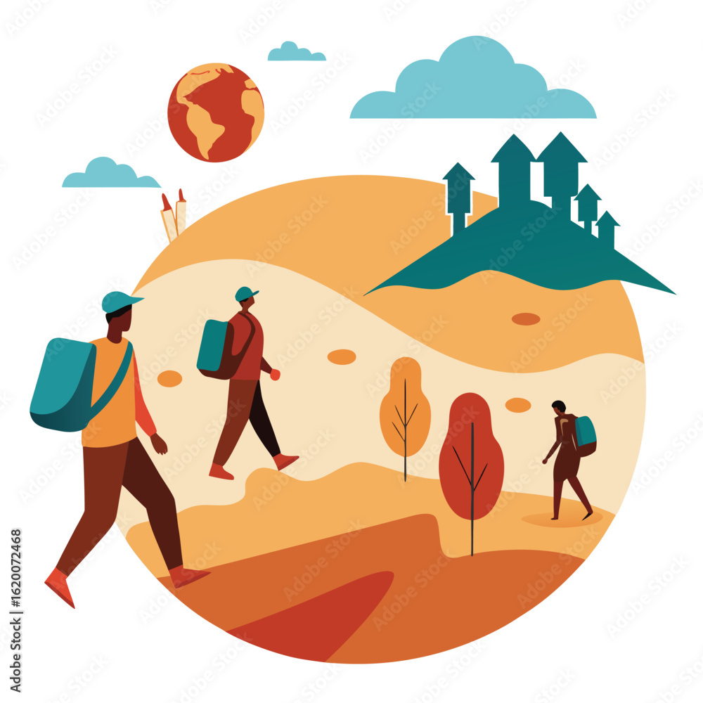 Obraz premium Climate Refugees Crossing Arid Lands Toward Eco City Seeking Safety And Hope