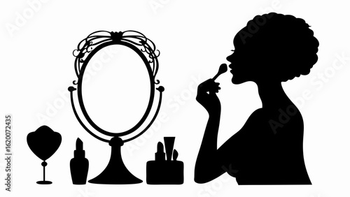 Silhouette of a woman applying makeup with a mirror and beauty products on a vanity table design