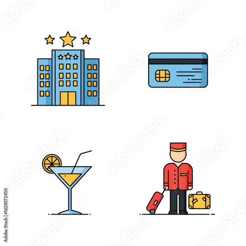 Hotel service icons including hotel building credit card cocktail and bellhop
