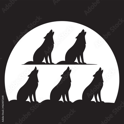 Black wolves howling at white moon wolf night