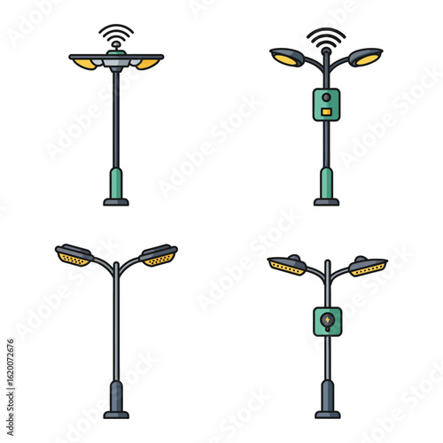 Smart Street Light Icons with Charging and Wireless Connectivity Features
