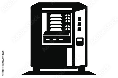Black and White Vending Machine with Snacks and Buttons, Door Open