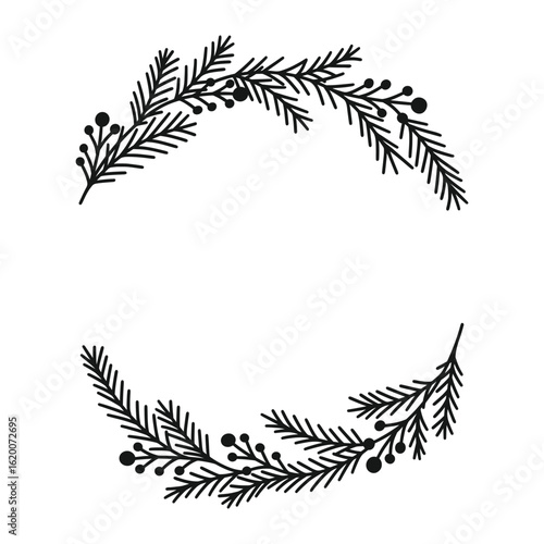 Merry Christmas wreath with fir branches, twigs, holly berries. Holiday circle frame vector illustration. Nature design greeting card template. Winter xmas decoration.