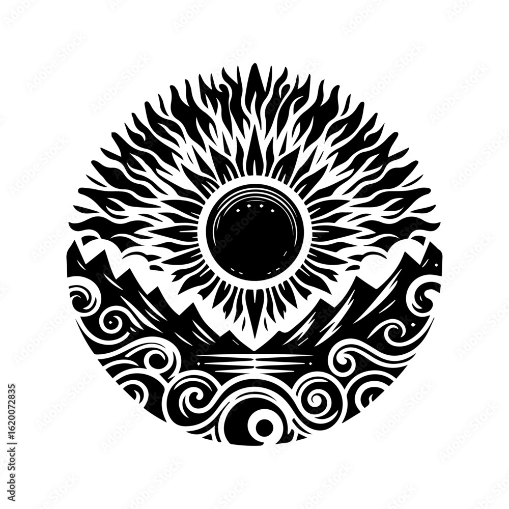Fototapeta premium Stylized Sun Over Mountains and Water.