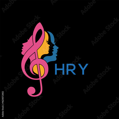 HRY "Colorful Female Silhouettes with Treble Clef Music Symbol on Black Background – HRY Later Logo, Empowerment, Diversity & Art Concept"
