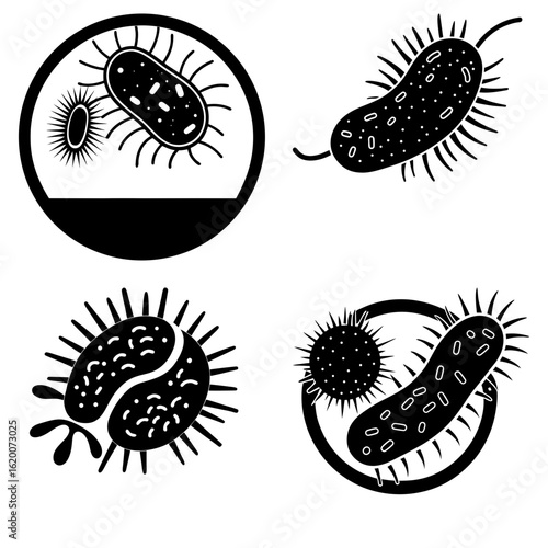Black and white vector illustration showcasing various bacteria and virus shapes in different arrangements