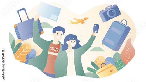 Couple taking a selfie with luggage camera and airplane ticket ready for a vacation trip together