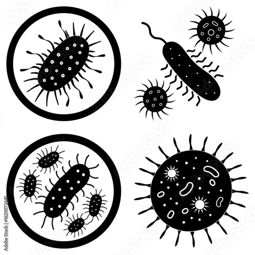 Illustration depicting various types of bacteria and viruses under a microscope in black and white style