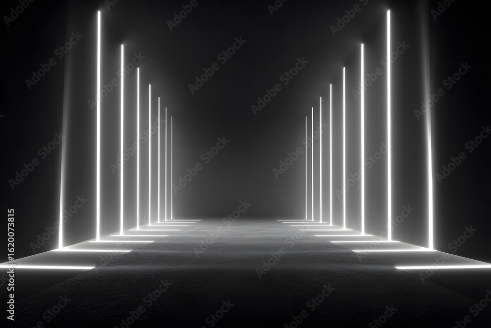 Fototapeta premium Black background with white neon light rays, abstract wallpaper, empty virtual space for product presentation, 3d rendering illustration 