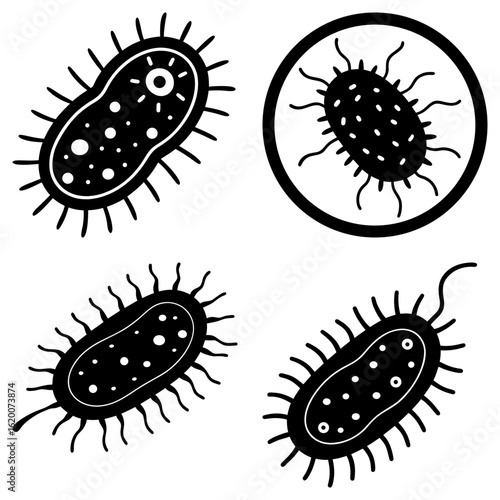 Illustration of four black and white bacteria cells with flagella and circular containment ring design