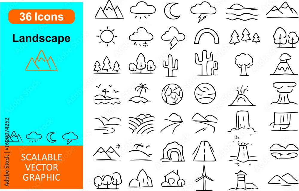 Fototapeta premium Scenic vector icon set for landscapes — includes mountains, trees, rivers, hills, sunrise, nature scenes, and outdoor elements. Perfect for travel, nature, and environmental projects.