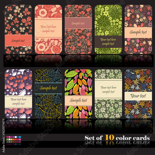 Set of 10 colorful floral cards with vibrant patterns and space for custom text. Perfect for invitations, greeting cards, or decorative design projects.