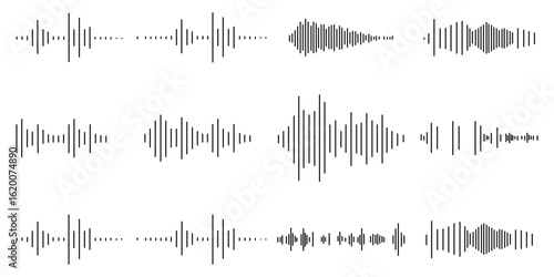 Sound wave set, Black sound waves and audio frequencies, Sound wave, audio wave icons, Set of radio wave icons, Sound wave icon thin line outline set