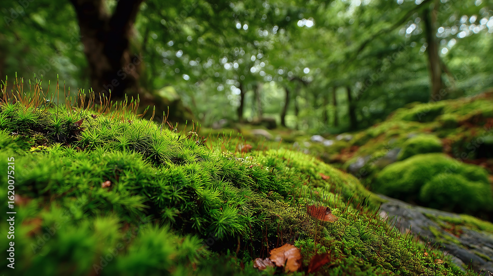 Fototapeta premium Bosque verde con musgo en primer plano y árboles al fondo