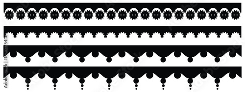 Scalloped edge seamless set. colored borders and dividers. Simple scalloped border. Repeat cute vintage frill ornament. Texture ribbons. stripe,tape collection isolated on white background.