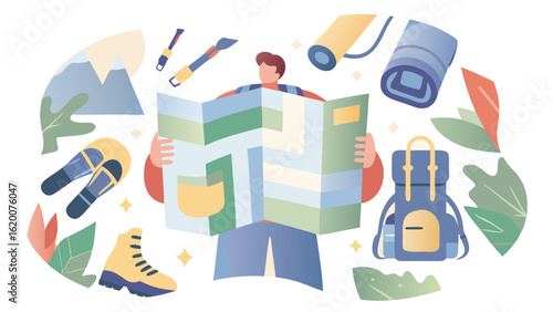 Person holding a map surrounded by hiking gear including backpack boots and camping supplies design
