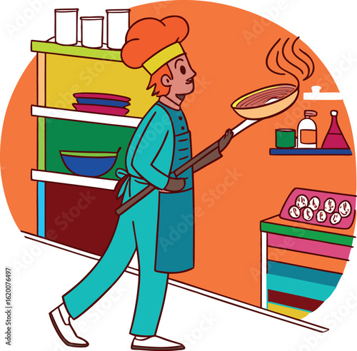A chef is cooking in his restaurant's kitchen