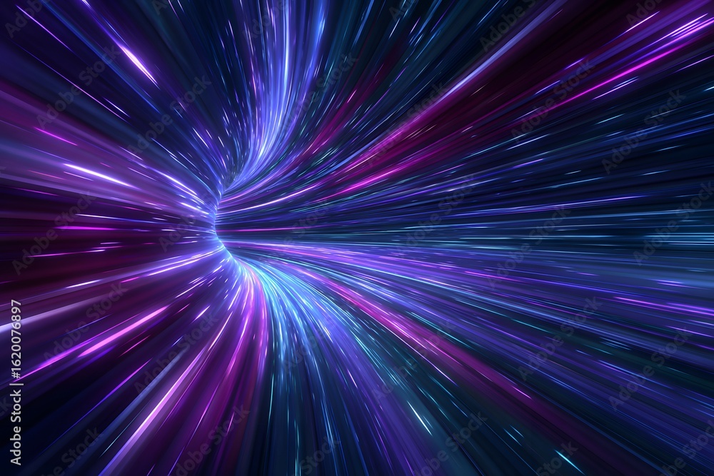 Obraz premium Abstract neon light background with blue and purple rays of energy, conveying a sense of speed and motion in a space tunnel or wormhole effect. 