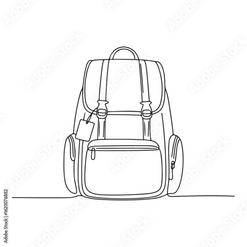 Hand Drawn Line Art of Multi-Pocket Travel Backpack with Buckles and Zippers – Perfect for Outdoor, Hiking, and Adventure-Themed Projects, Vector modern illustration, Graphic Design