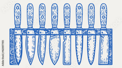 Illustration of a set of eight kitchen knives in a wooden knife block with a blue color scheme design