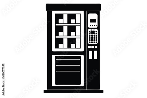 Simplified Black Vending Machine Illustration Featuring Dispenser Screen, Keypad, and Shelved Food or Drink